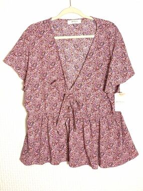 NEW A Beautiful Soul V-neck Floral Top Women B Size 2X Bow Peplum Mauve Cottage